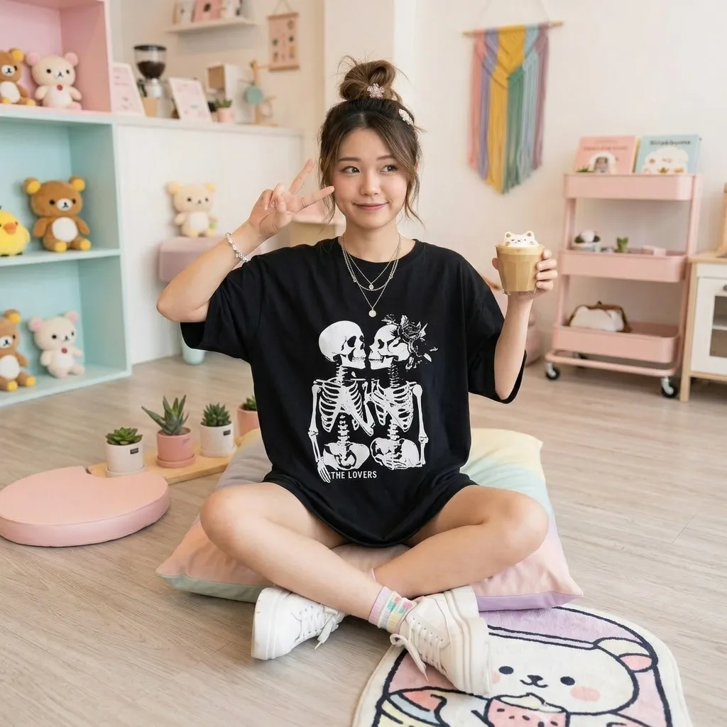 Black-oversized-graphic-tshirt-for-women-with-skeleton-print-and-half-sleeves