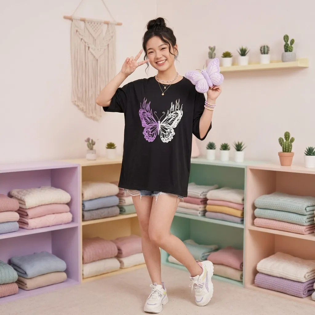 Black-oversized-graphic-tshirt-for-women-with-butterfly-print-and-half-sleeves