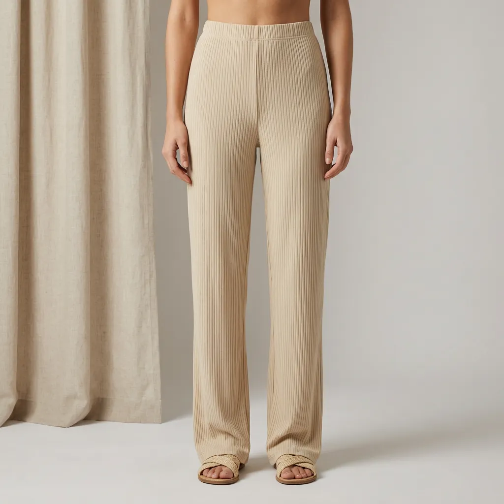Beige-ribbed-knit-wide-leg-pants-with-elasticated-waistband