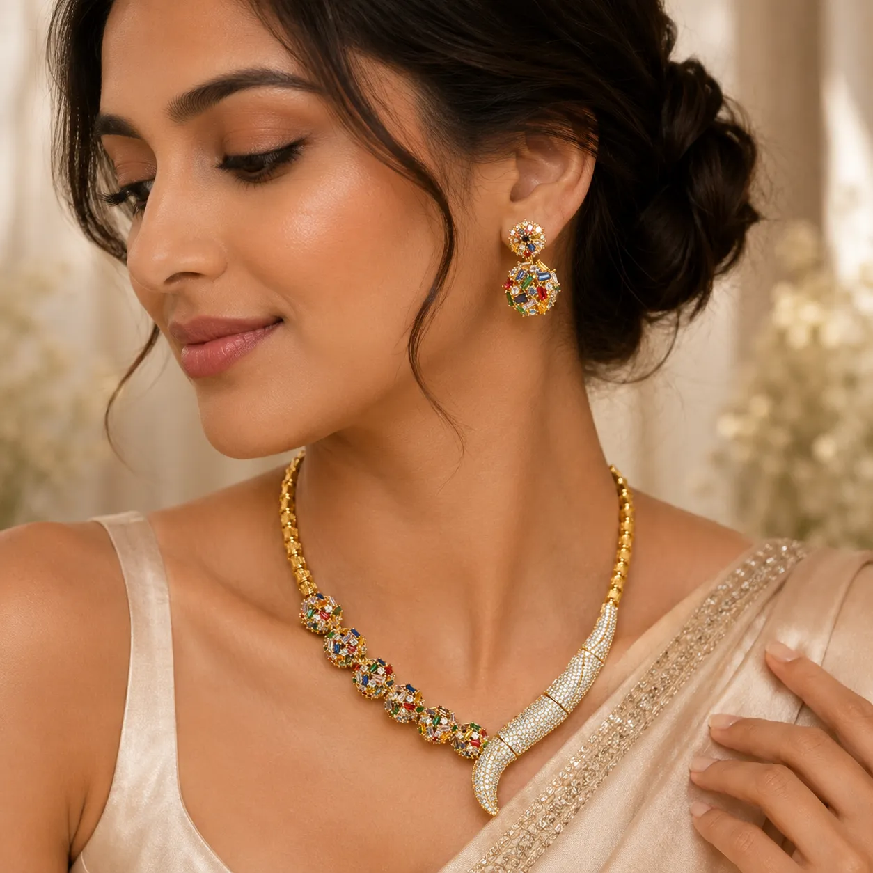 Gold-tone multicolour stone statement necklace set with matching earrings
