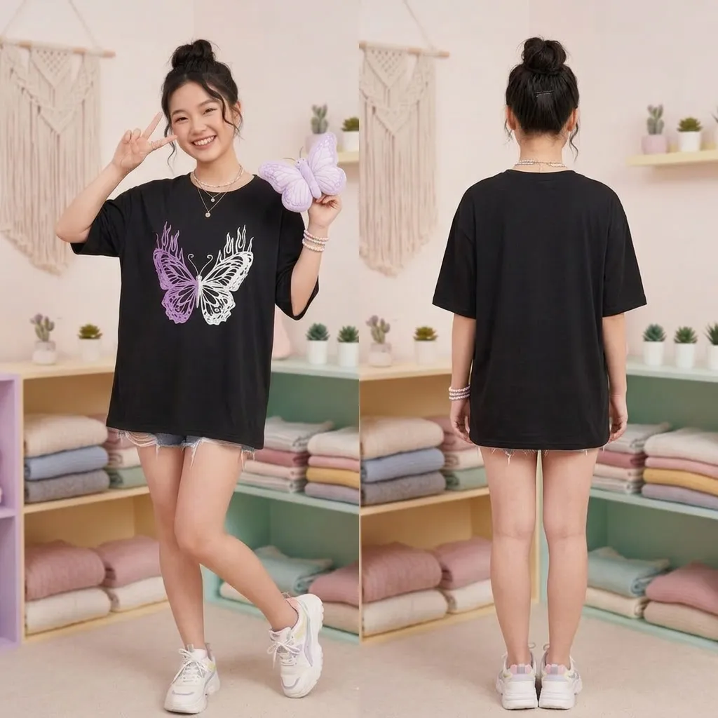 Black-oversized-graphic-tshirt-for-women-with-butterfly-print-and-half-sleeves