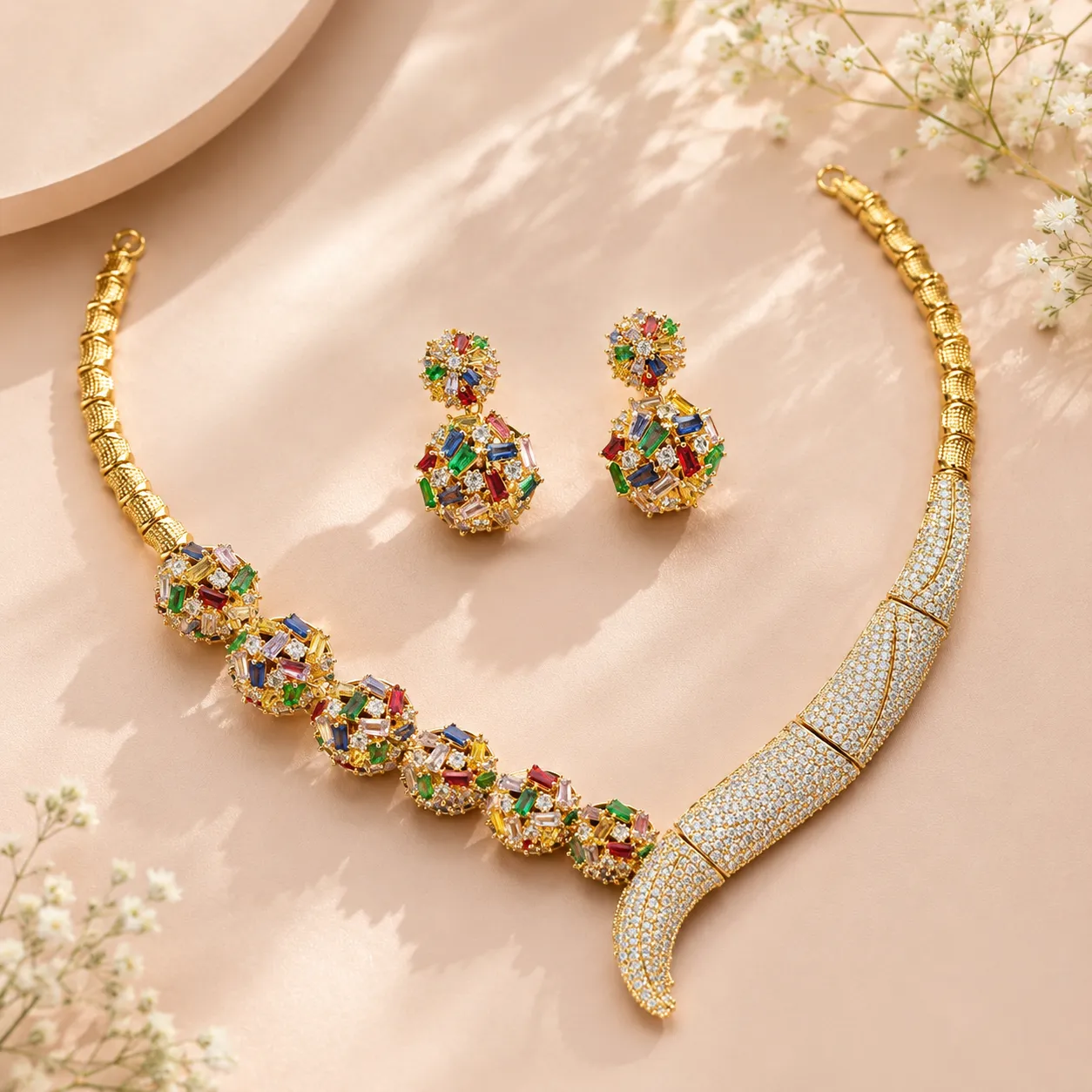 Gold-tone multicolour stone statement necklace set with matching earrings