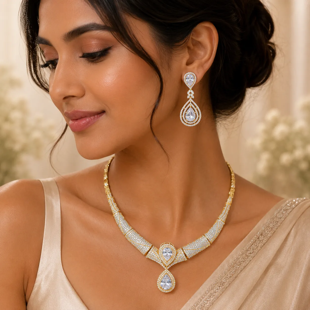 Elegant bridal necklace and dangler earrings jewellery set for women