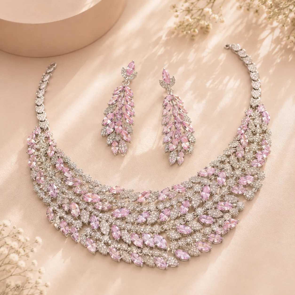 Silver-tone bridal necklace set with pink marquise stones