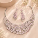 Silver-tone bridal necklace set with pink marquise stones
