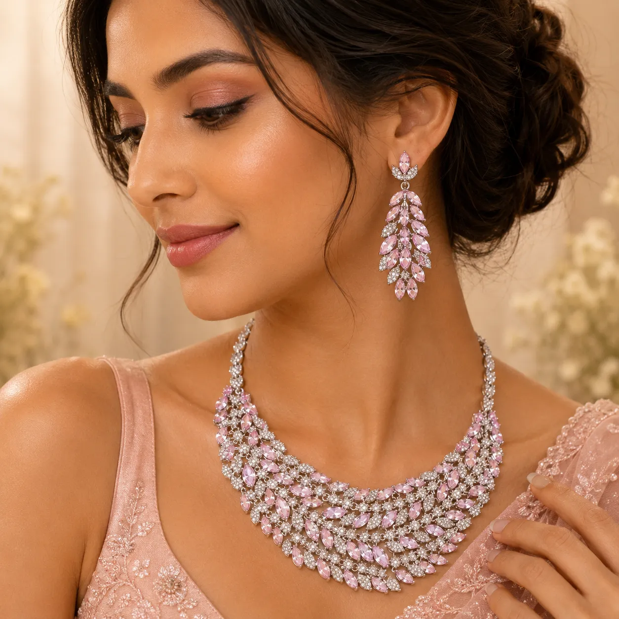 Silver-tone bridal necklace set with pink marquise stones