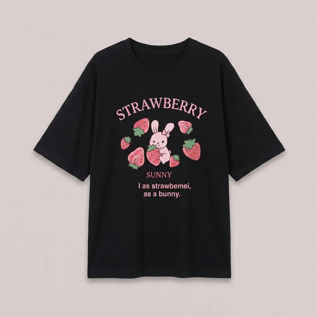 Black-oversized-graphic-tshirt-for-women-with-cute-bunny-and-strawberry-print-design-and-half-sleeves