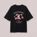 Black-oversized-graphic-tshirt-for-women-with-cute-bunny-and-strawberry-print-design-and-half-sleeves