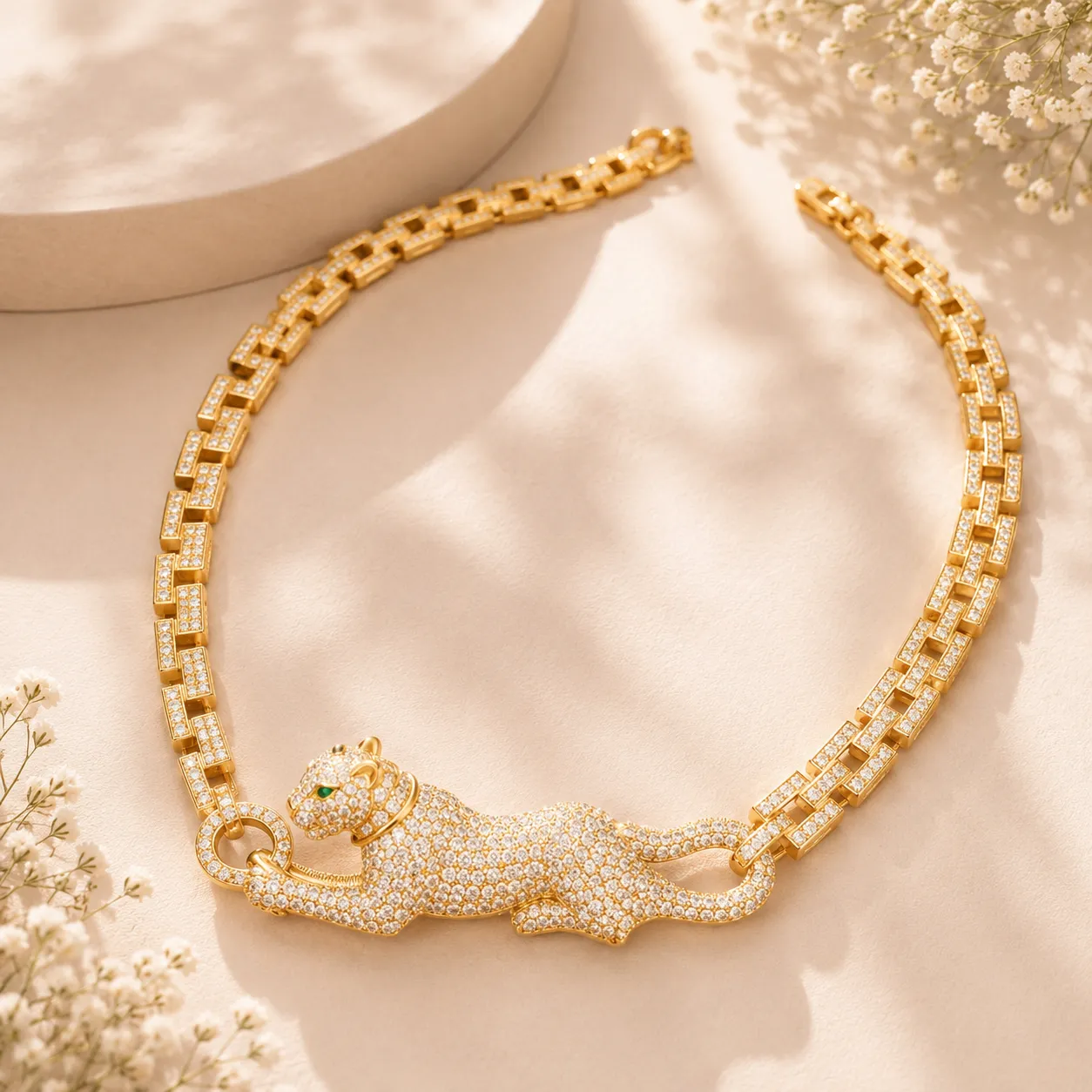 Gold-panther-pendant-chain-necklace-set-with-cubic-zirconia-stone-embellishments-and-geometric-link-chain-design