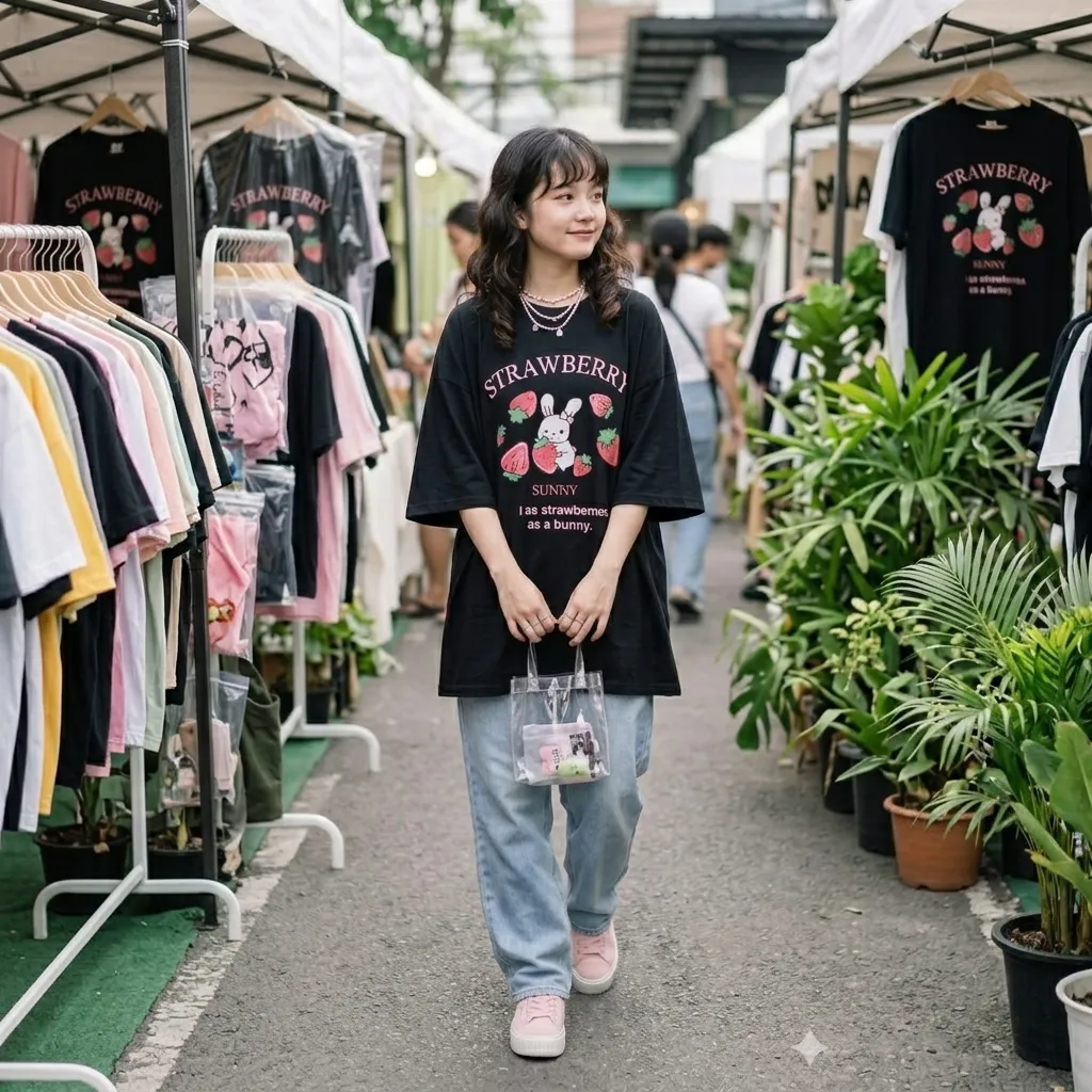Black-oversized-graphic-tshirt-for-women-with-cute-bunny-and-strawberry-print-design-and-half-sleeves