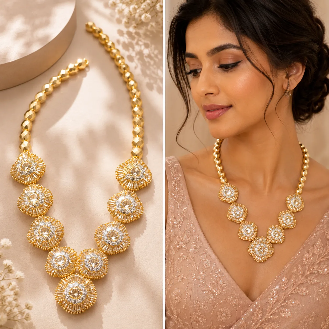 Gold-plated-statement-necklace-with-circular-crystal-floral-motifs-faceted-bead-chain-and-cubic-zirconia-embellishments