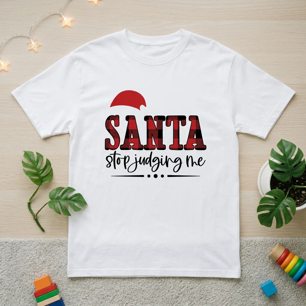 White-graphic-print-tshirt-with-santa-stop-judging-me-typography-design-and-half-sleeves-for-women