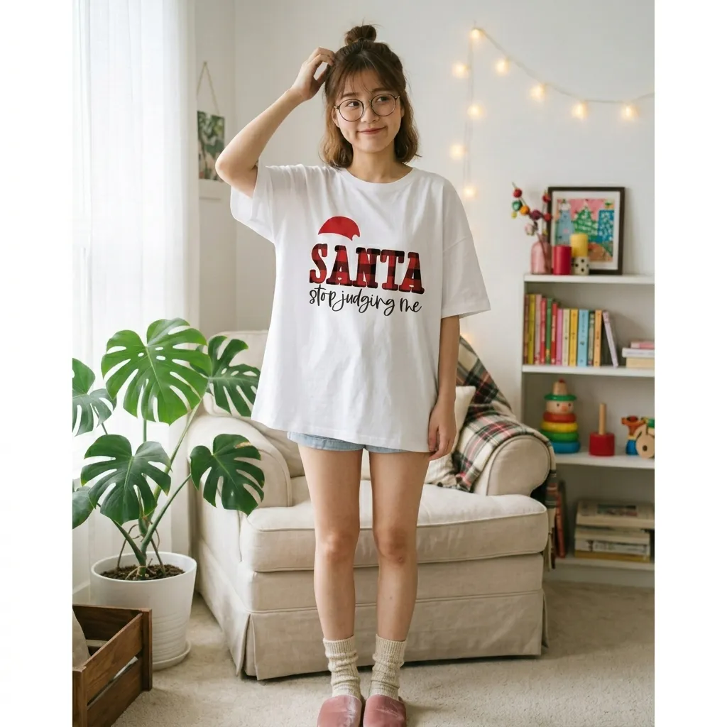 White-graphic-print-tshirt-with-santa-stop-judging-me-typography-design-and-half-sleeves-for-women