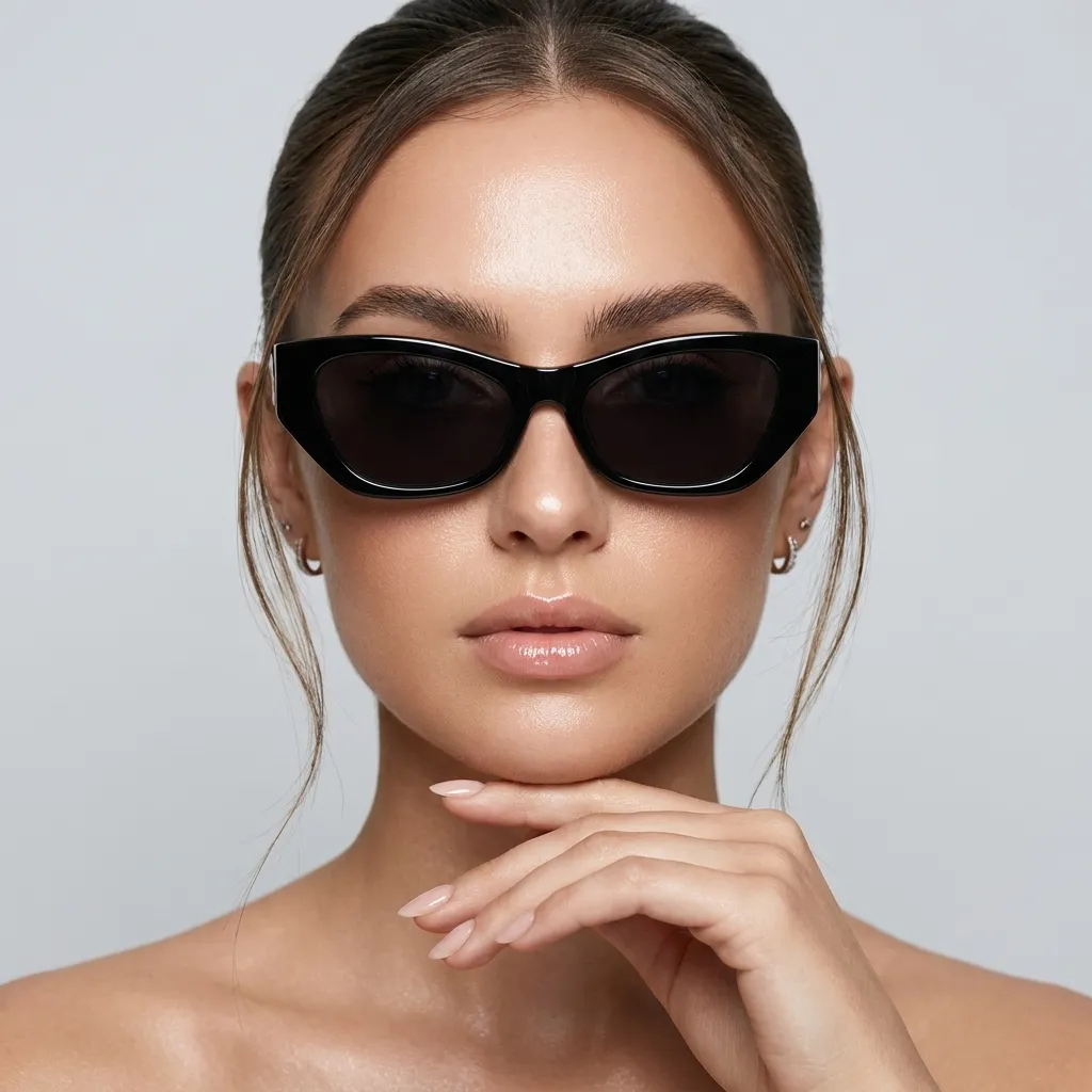 Woman-wearing-glossy-black-cat-eye-sunglasses-with-dark-tinted-lenses-and-sleek-narrow-frame-design
