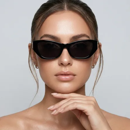 Woman-wearing-glossy-black-cat-eye-sunglasses-with-dark-tinted-lenses-and-sleek-narrow-frame-design