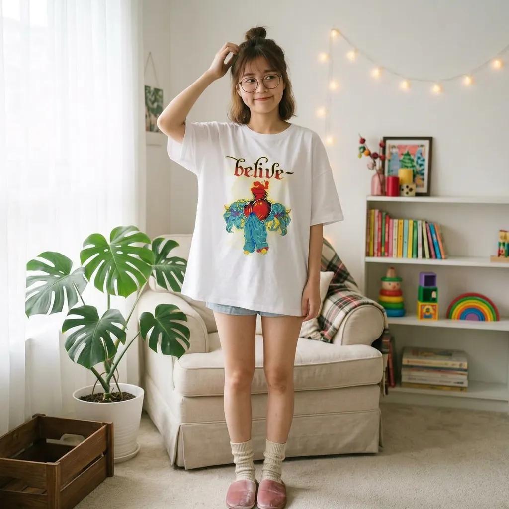 White-graphic-print-tshirt-with-belive-typography-and-colorful-heart-artwork-design-for-women