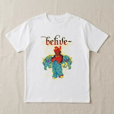 White-graphic-print-tshirt-with-belive-typography-and-colorful-heart-artwork-design-for-women