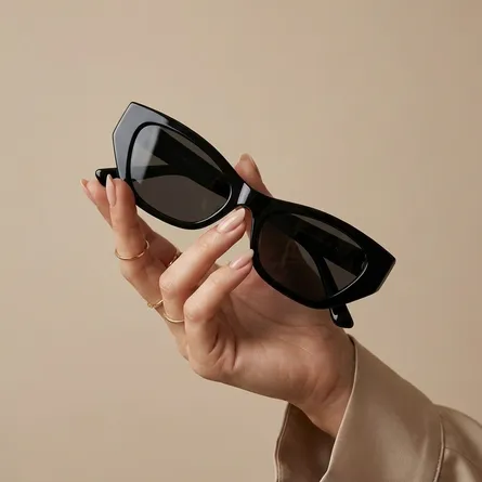 Woman-wearing-glossy-black-cat-eye-sunglasses-with-dark-tinted-lenses-and-sleek-narrow-frame-design