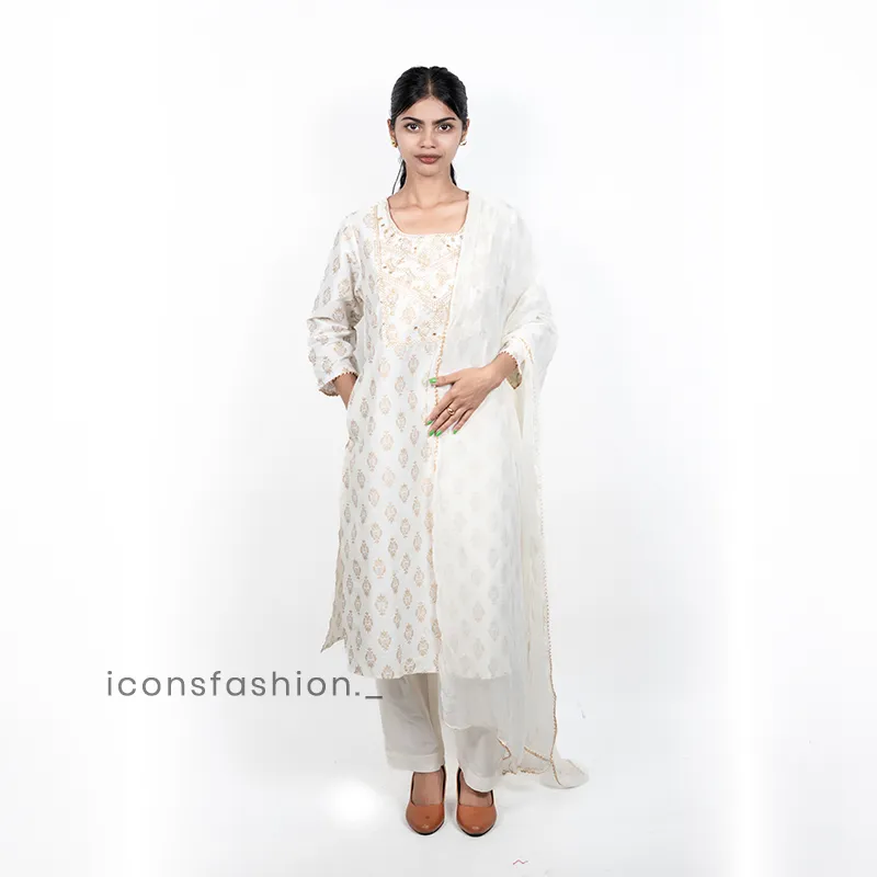 Women-white-printed-kurta-set-with-golden-ethnic-motifs-three-quarter-sleeves-matching-pants-and-a-sheer-dupatta
