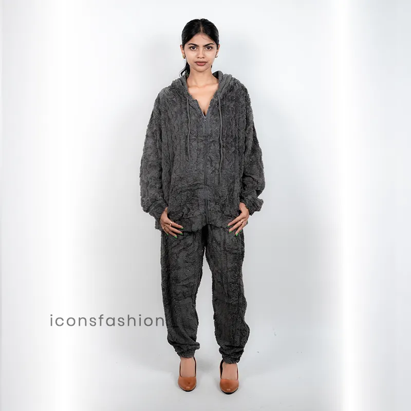 Grey-faux-fur-hooded-Co-Ord--with-zip-up-jacket-and-jogger-pants-for-women