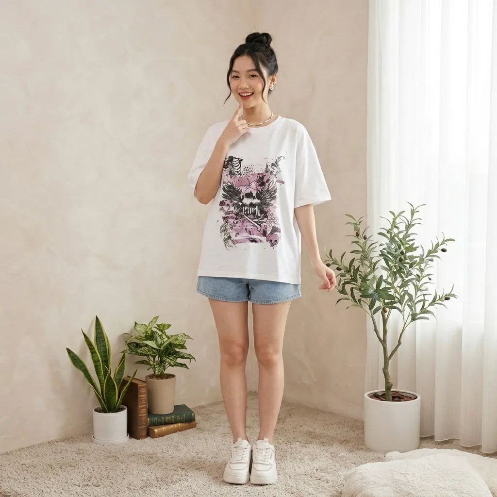 White-oversized-T-shirt-with-pink-skull-graphic-print