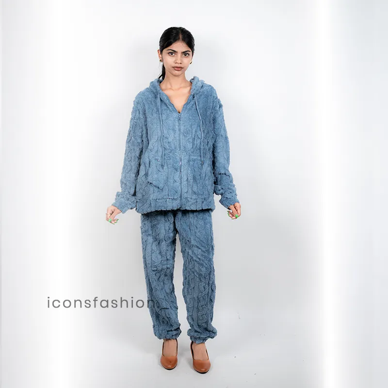 Blue-faux-fur-hooded-Co-Ord--with-zip-up-jacket-and-jogger-pants-for-women