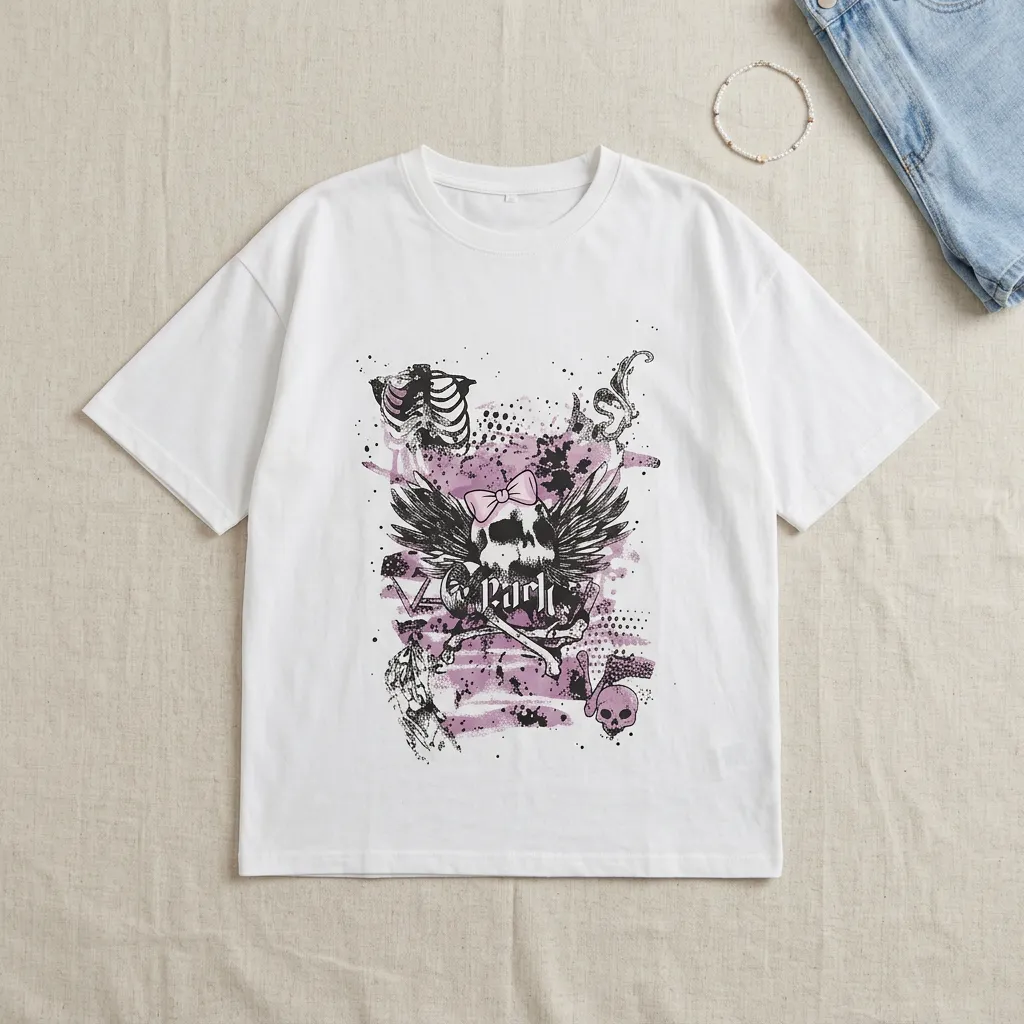 White-oversized-T-shirt-with-pink-skull-graphic-print