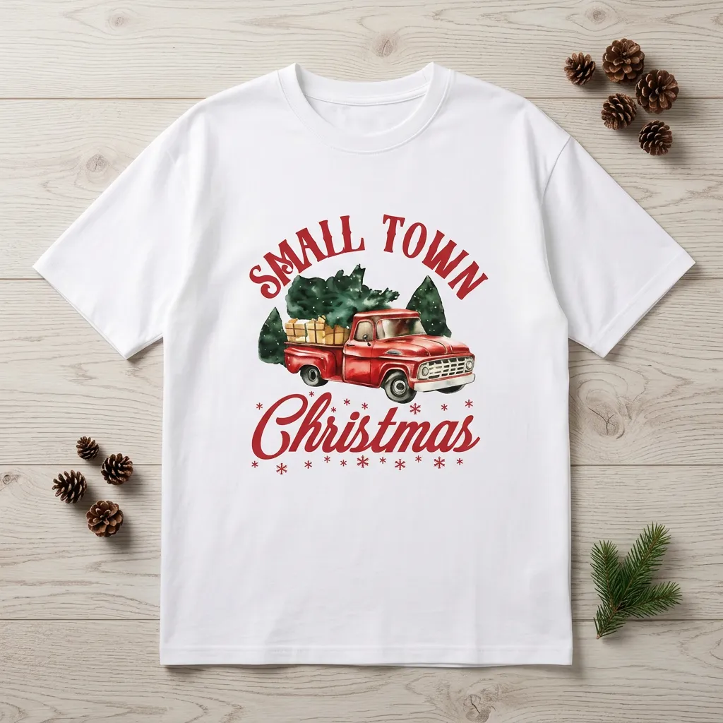 White-oversized-T-shirt-with-small-town-christmas-truck-graphic-print