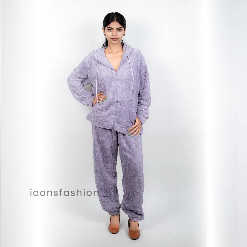 Lavender-faux-fur-hooded-Co-Ord--with-zip-up-jacket-and-jogger-pants-for-women