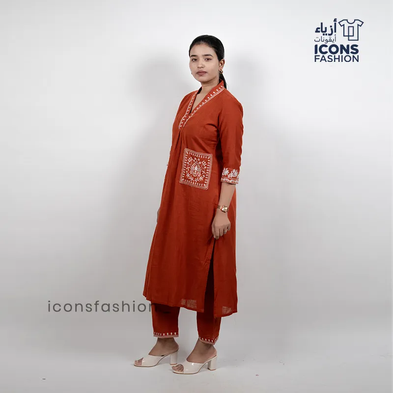 Women-royal-red-embroidered-kurta-set-with-v-neck-and-straight-pants