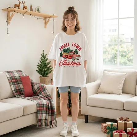 White-oversized-T-shirt-with-small-town-christmas-truck-graphic-print