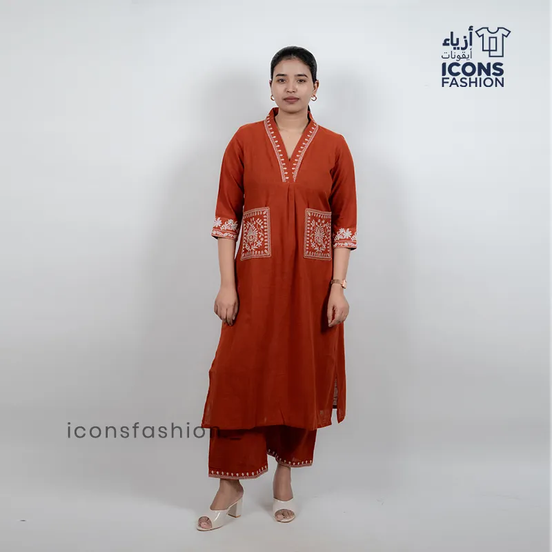 Women-royal-red-embroidered-kurta-set-with-v-neck-and-straight-pants