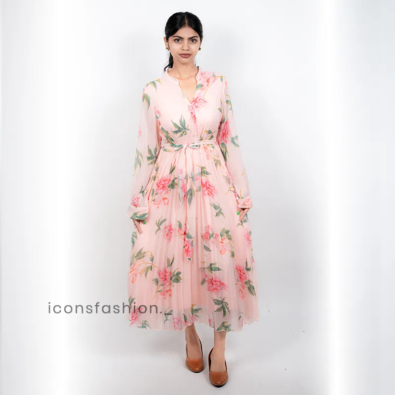 Pink-floral-printed-pleated-midi-dress-with-long-sleeves-and-waist-tie-for