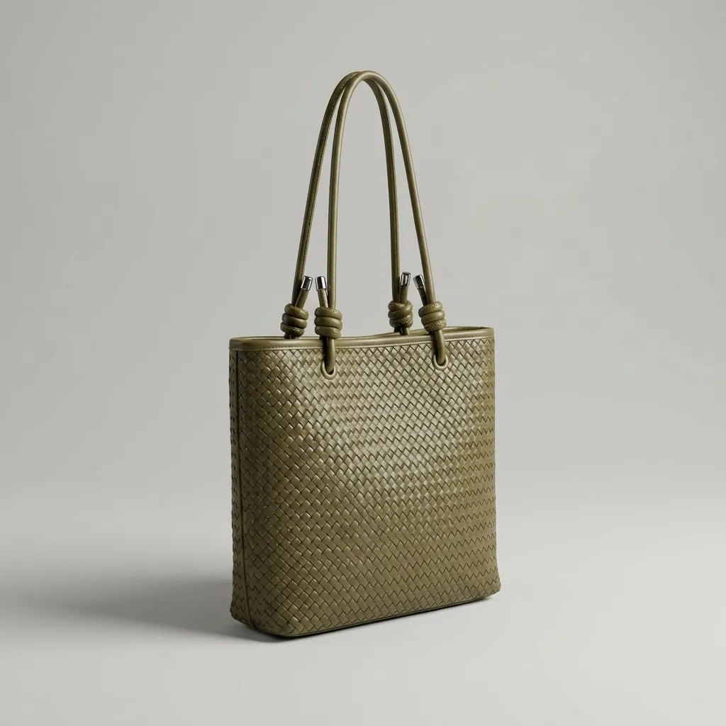 Olive-green-woven-tote-bag-with-knotted-double-handles-and-zip-closure