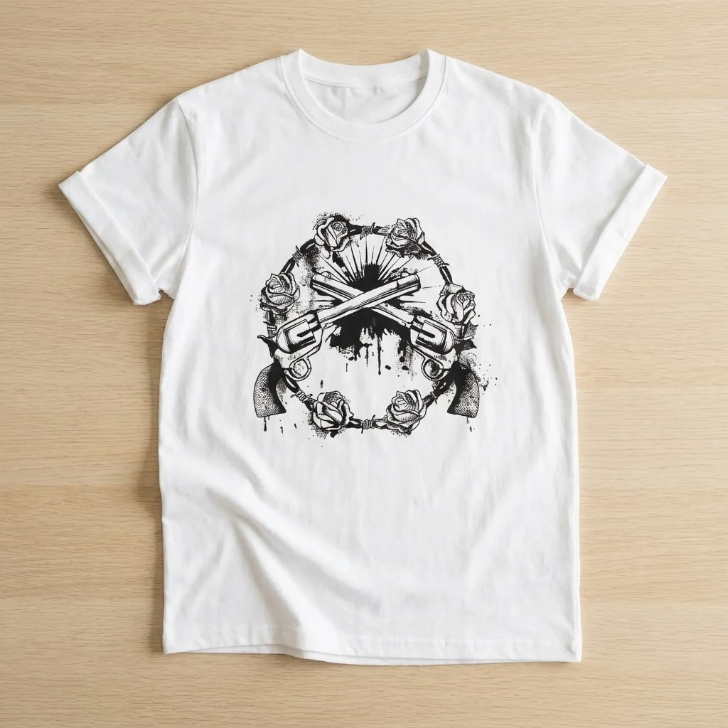 White-T-shirt-with-crossed-revolver-and-rose-graphic-print