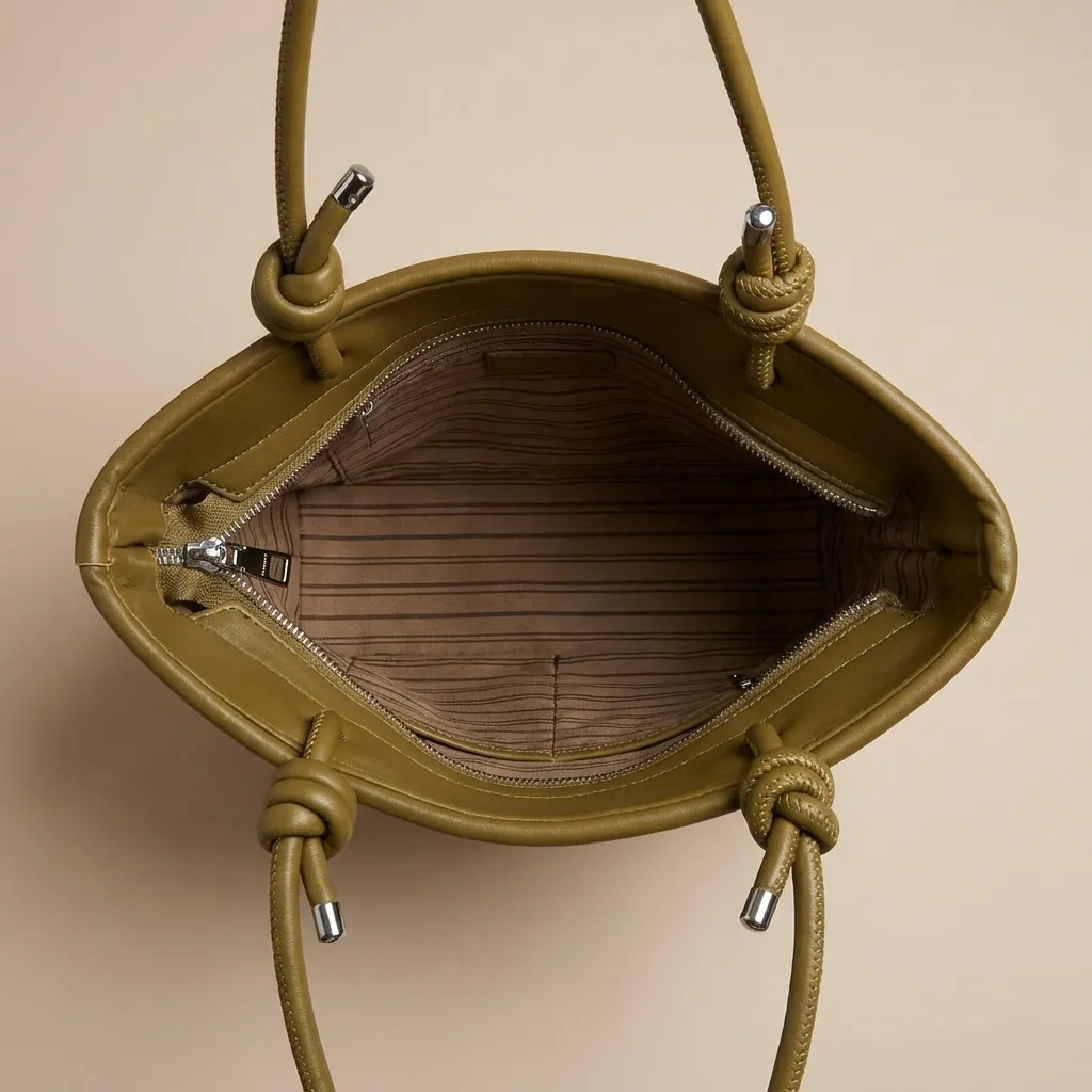Olive-green-woven-tote-bag-with-knotted-double-handles-and-zip-closure