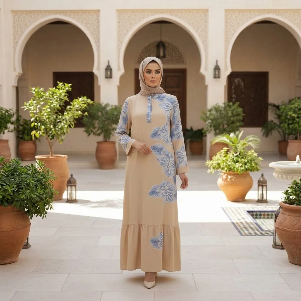 Beige-long-sleeve-maxi-dress-with-blue-floral-print-and-tiered-hem-front