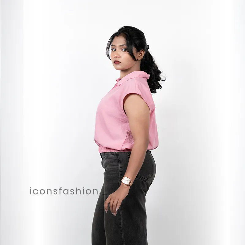 woman-pink-sleeveless-collared-button-down-casual-top