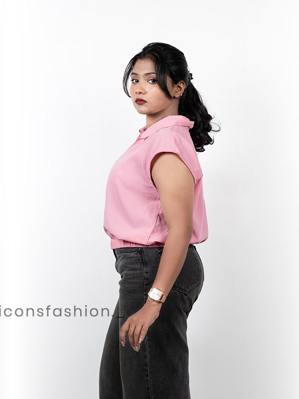 woman-pink-sleeveless-collared-button-down-casual-top