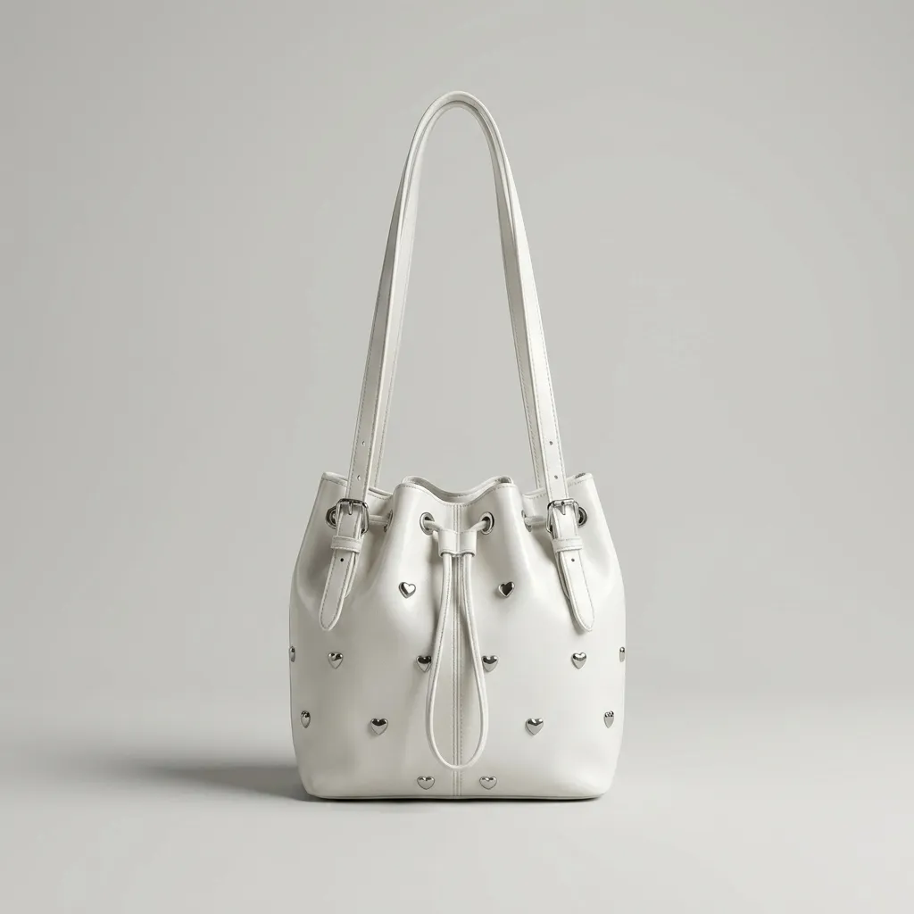 White-faux-leather-heart-studded-drawstring-bucket-shoulder-bag-with-adjustable-straps-and-spacious-lined-interior