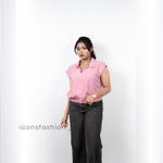 Woman-pink-sleeveless-collared-button-down-casual-top