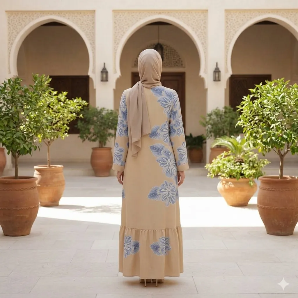 Beige-long-sleeve-maxi-dress-with-blue-floral-print-and-tiered-hem-front