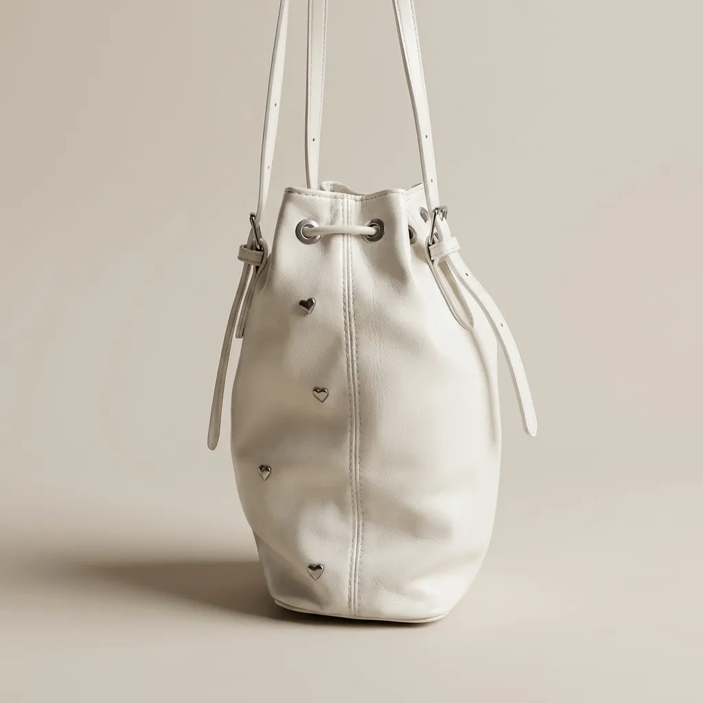 White-faux-leather-heart-studded-drawstring-bucket-shoulder-bag-with-adjustable-straps-and-spacious-lined-interior