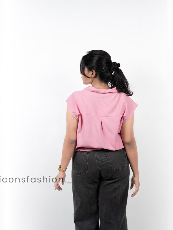 woman-pink-sleeveless-collared-button-down-casual-top