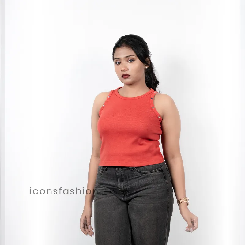 Woman-red-ribbed-sleeveless-crop-top