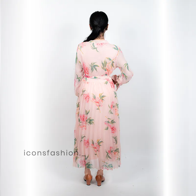 Pink-floral-printed-pleated-midi-dress-with-long-sleeves-and-waist-tie-for