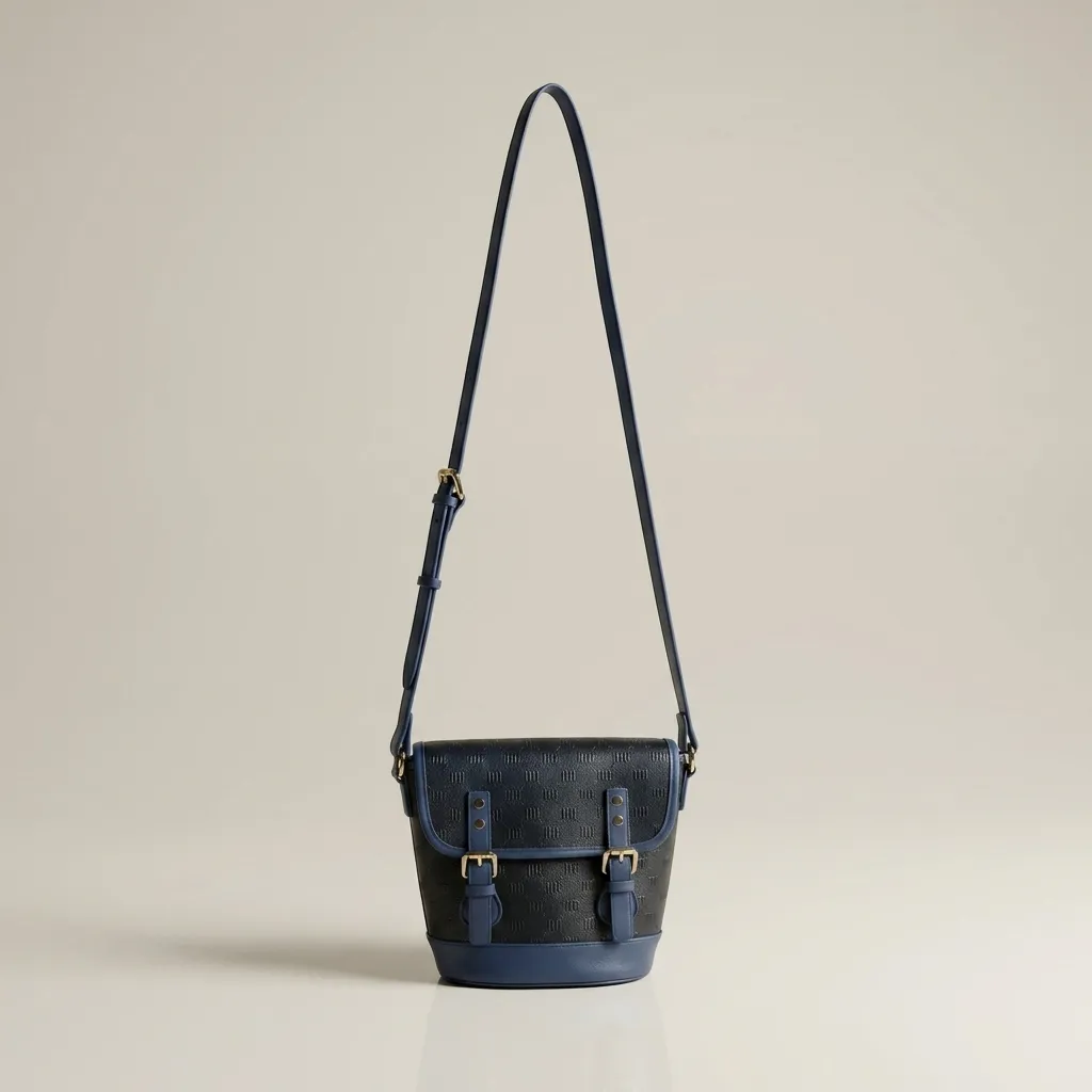 Navy-blue-textured-faux-leather-crossbody-sling-bag-with-buckle-detail-adjustable-strap-and-zippered-interior