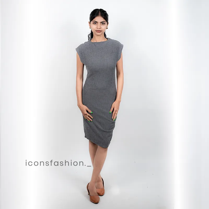 Grey-sleeveless-bodycon-midi-dress-with-asymmetrical-hemline-and-fitted-silhouette