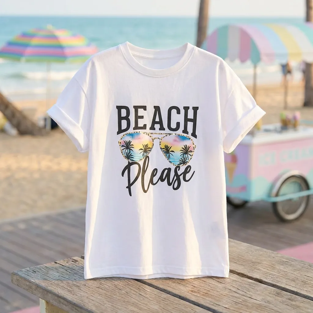 White-T-shirt-with-Beach-Please-graphic-print-and-tropical-sunglasses-design-on-white-background
