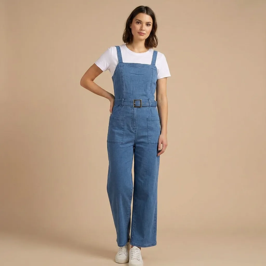 Light-blue-denim-dungaree-jumpsuit-for-women-with-wide-leg-fit-and-belted-waist